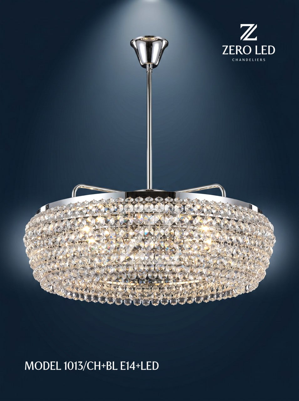 Xrom rangli, dumaloq shaffof kristall munchoqli ZERO LED Model 1013 CH plus BL qandili