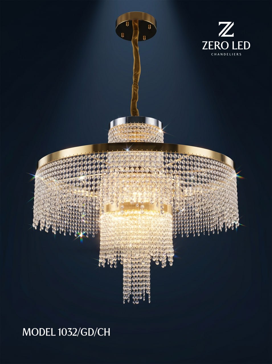 Oltin va xrom rangli, ko‘p qatlamli kristall kaskadli ZERO LED Model 1032 GD CH qandili