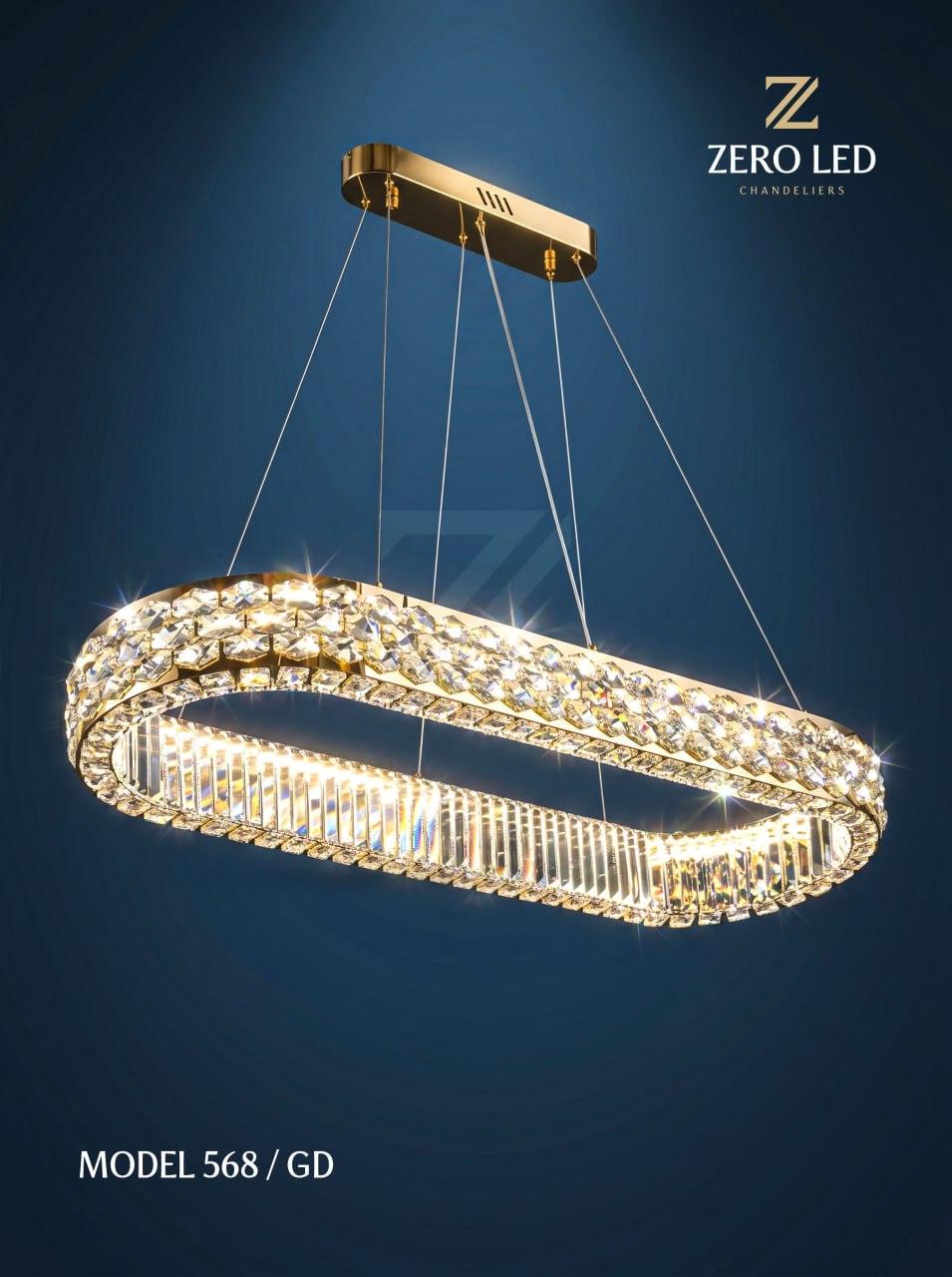 Oltin rangli, aval halqa shaklidagi kristall ZERO LED Model 568 GD qandili