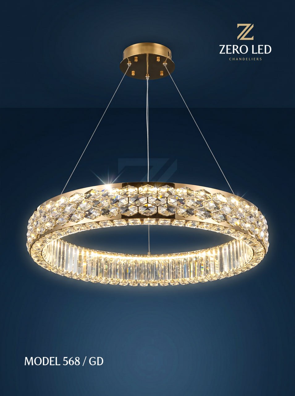 Oltin rangli, dumaloq halqa shaklidagi kristall ZERO LED Model 568 GD qandili